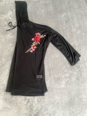 TMGNY Sheer Mesh Floral Embroidered Hooded Top Black 2X Stretch edgy festival